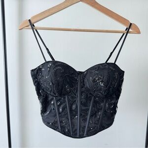 Francesca’s Black Sequin Corset Bustier Crop Top | Small | NWT